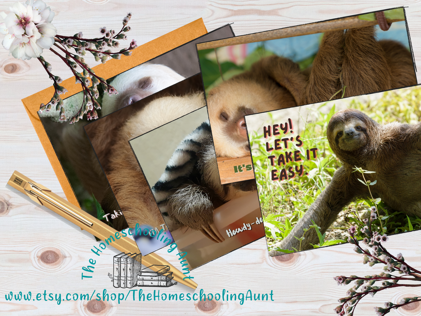 Sloth Greeting Card Set, Sloth Greeting Cards, Set of 5 Downloadable Cards, Funny Sloth Cards, Happy Cards, Friendship Cards, Sloth Invites